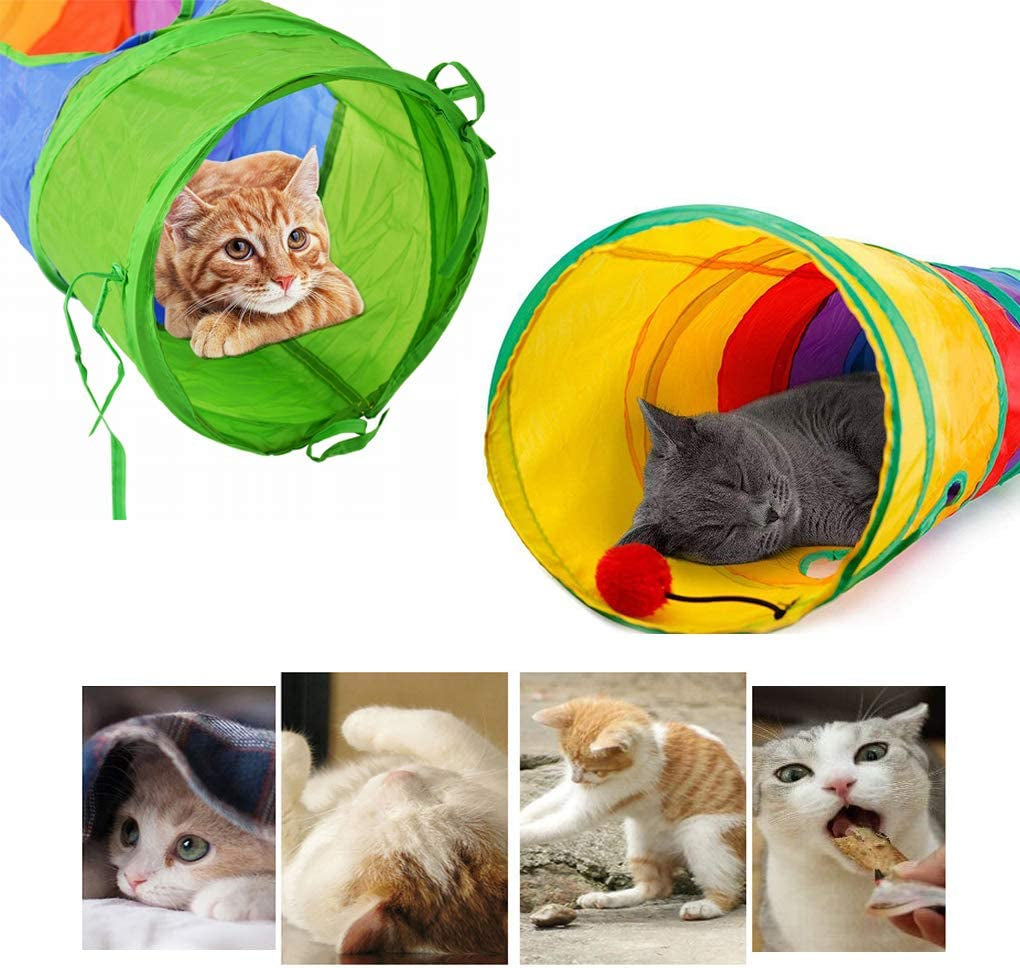 Indoor Cat Tunnel - 45" Collapsible Rainbow Tube with Play Ball and Dual Openings for Kittens, Ideal for Exercise, Hiding, and Training (Colorful)