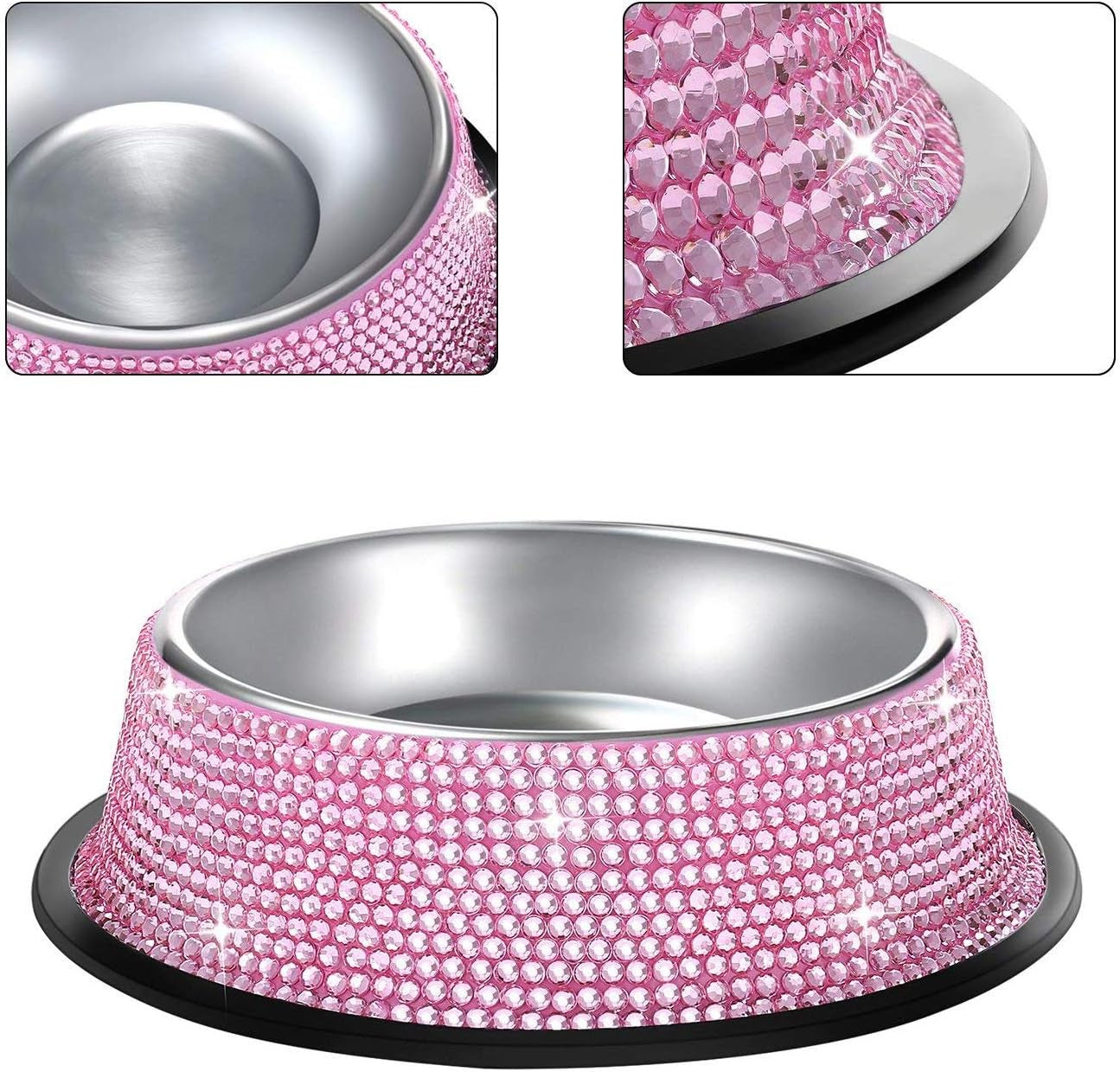 Handcrafted Pink Rhinestone Dog Bowls, 640ML Stainless Steel Double Feeder Set for Pets - Includes 2 Bowls