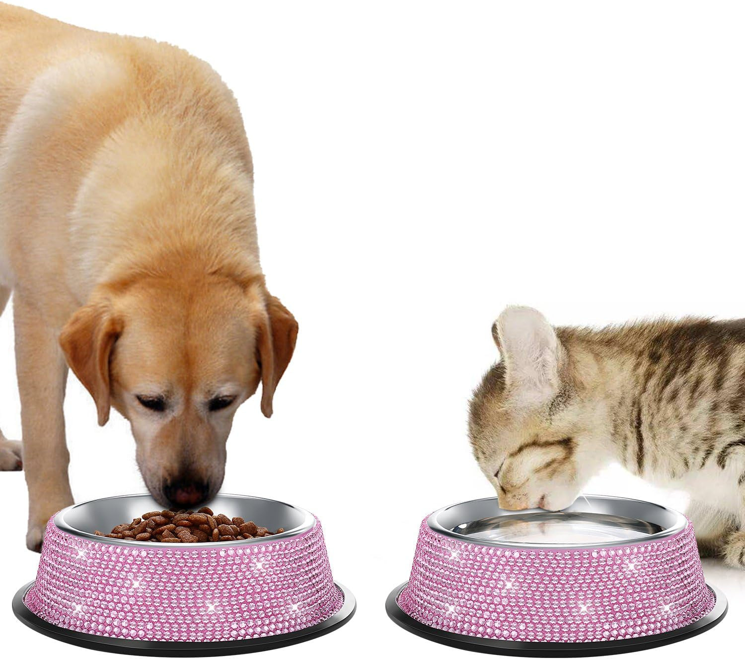 Handcrafted Pink Rhinestone Dog Bowls, 640ML Stainless Steel Double Feeder Set for Pets - Includes 2 Bowls