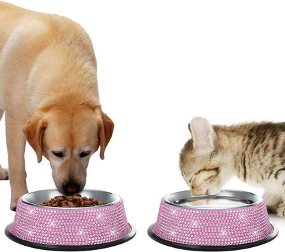 Handcrafted Pink Rhinestone Dog Bowls, 640ML Stainless Steel Double Feeder Set for Pets - Includes 2 Bowls