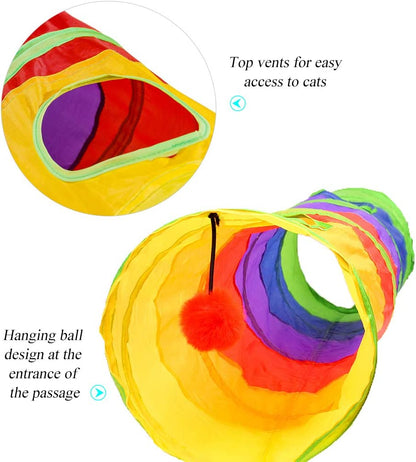 Indoor Cat Tunnel - 45" Collapsible Rainbow Tube with Play Ball and Dual Openings for Kittens, Ideal for Exercise, Hiding, and Training (Colorful)