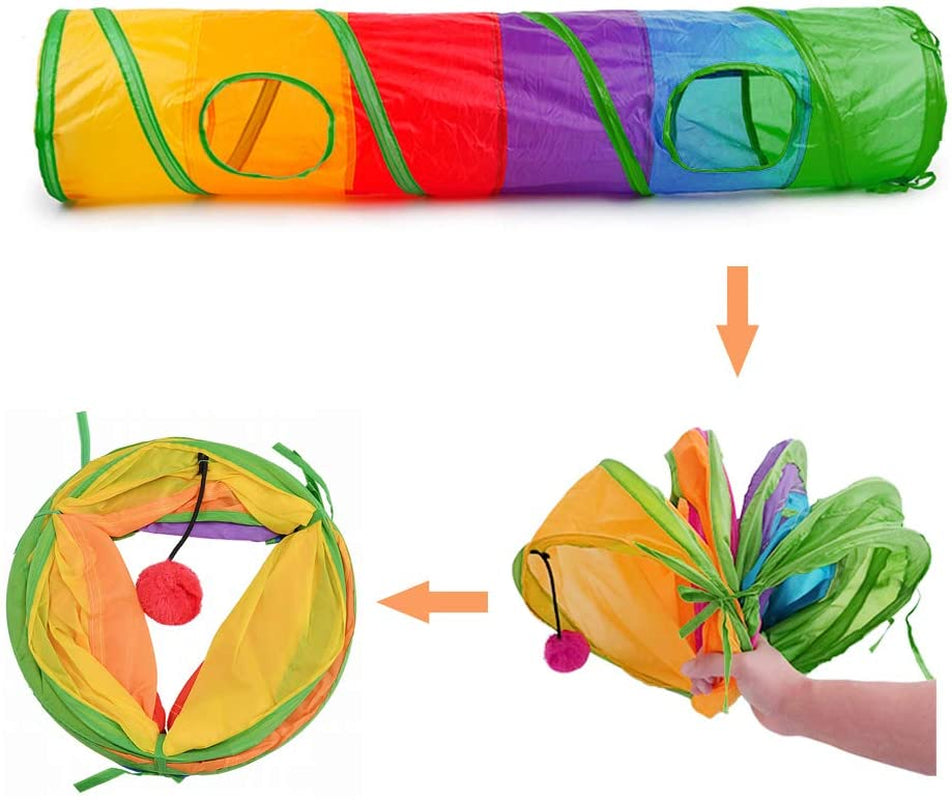Indoor Cat Tunnel - 45" Collapsible Rainbow Tube with Play Ball and Dual Openings for Kittens, Ideal for Exercise, Hiding, and Training (Colorful)