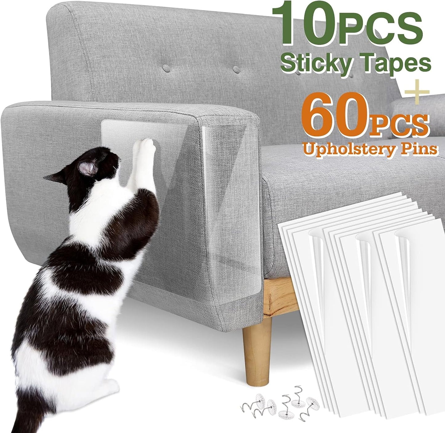 Cat Scratch Furniture Protection Tape with Upholstery Pins - 10 Pack, White