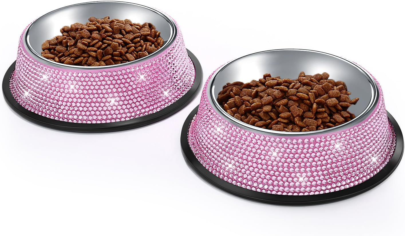 Handcrafted Pink Rhinestone Dog Bowls, 640ML Stainless Steel Double Feeder Set for Pets - Includes 2 Bowls