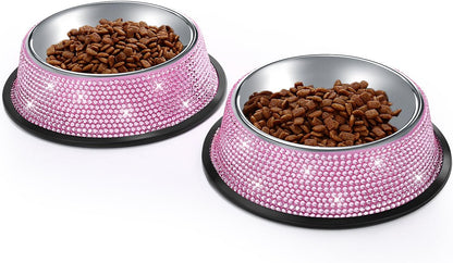 Handcrafted Pink Rhinestone Dog Bowls, 640ML Stainless Steel Double Feeder Set for Pets - Includes 2 Bowls