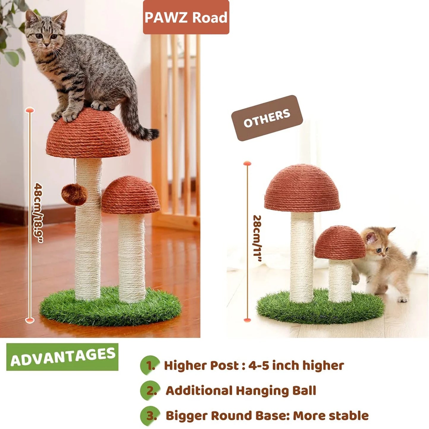 2 Mushroom Cat Scratching Post - 19" Sisal Claw Scratcher for Kittens and Small Cats in Brown