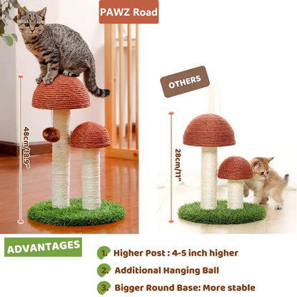 2 Mushroom Cat Scratching Post - 19" Sisal Claw Scratcher for Kittens and Small Cats in Brown