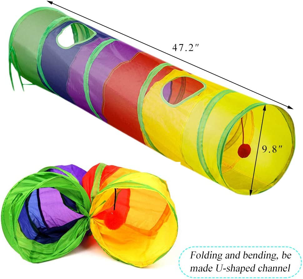 Indoor Cat Tunnel - 45" Collapsible Rainbow Tube with Play Ball and Dual Openings for Kittens, Ideal for Exercise, Hiding, and Training (Colorful)