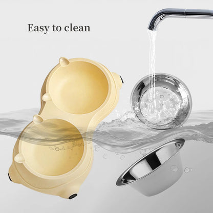 Stainless Steel Double Pet Bowl Set with Non-Slip Base - Versatile Feeding Station for Cats and Small Dogs, Removable Easy-Clean Bowls, Suitable for Indoor and Outdoor Use - Available in White, Gray, Yellow, and Pink