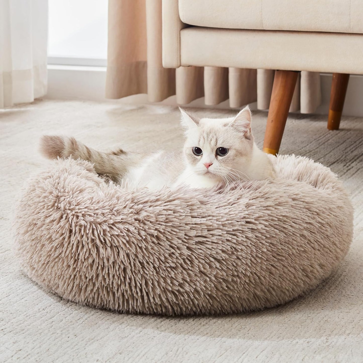 Calming Donut Cuddler Bed for Dogs and Cats - Anti-Anxiety Plush Faux Fur Cushion in Various Sizes (20"/24"/27"/30")