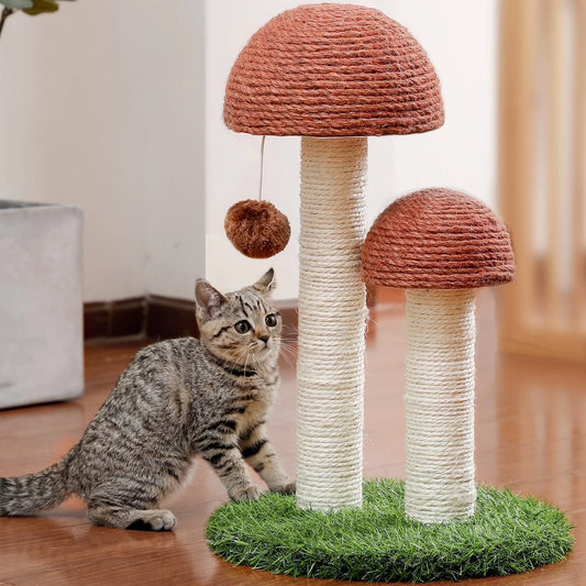 2 Mushroom Cat Scratching Post - 19" Sisal Claw Scratcher for Kittens and Small Cats in Brown