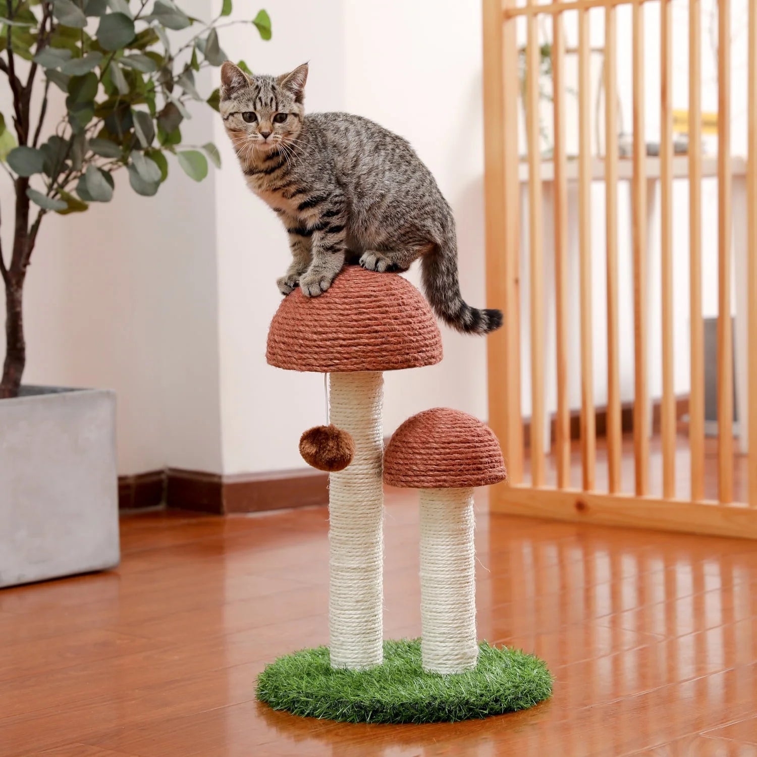2 Mushroom Cat Scratching Post - 19" Sisal Claw Scratcher for Kittens and Small Cats in Brown