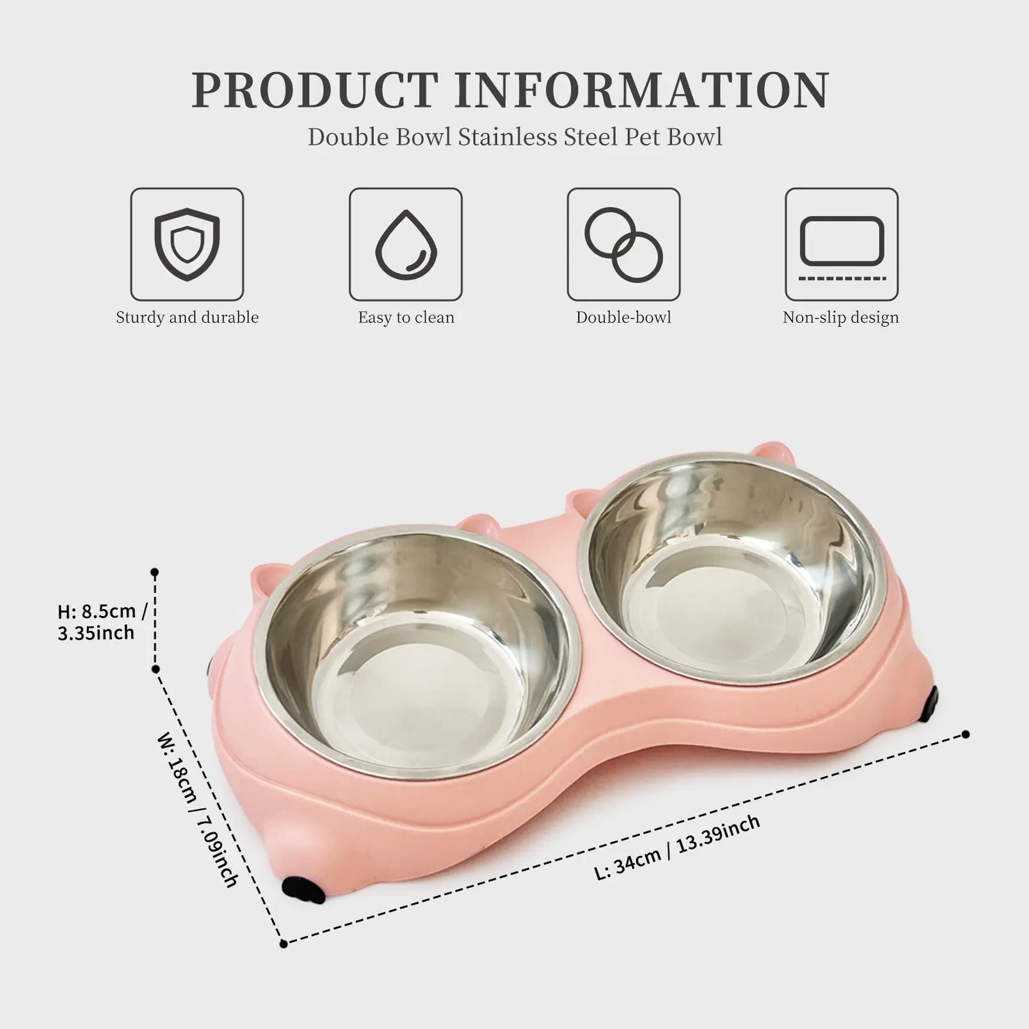 Stainless Steel Double Pet Bowl Set with Non-Slip Base - Versatile Feeding Station for Cats and Small Dogs, Removable Easy-Clean Bowls, Suitable for Indoor and Outdoor Use - Available in White, Gray, Yellow, and Pink