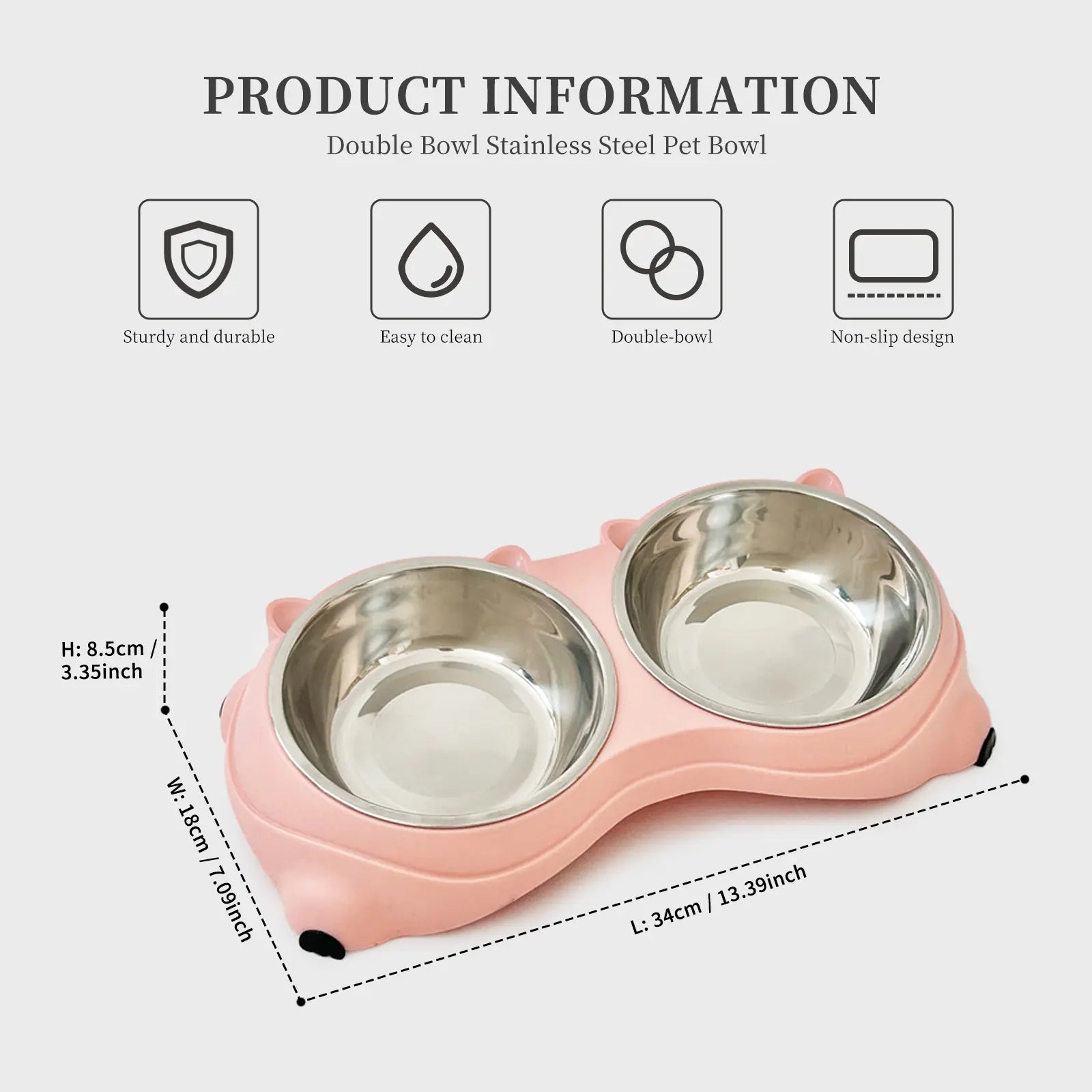 Stainless Steel Double Pet Bowl Set with Non-Slip Base - Versatile Feeding Station for Cats and Small Dogs, Removable Easy-Clean Bowls, Suitable for Indoor and Outdoor Use - Available in White, Gray, Yellow, and Pink