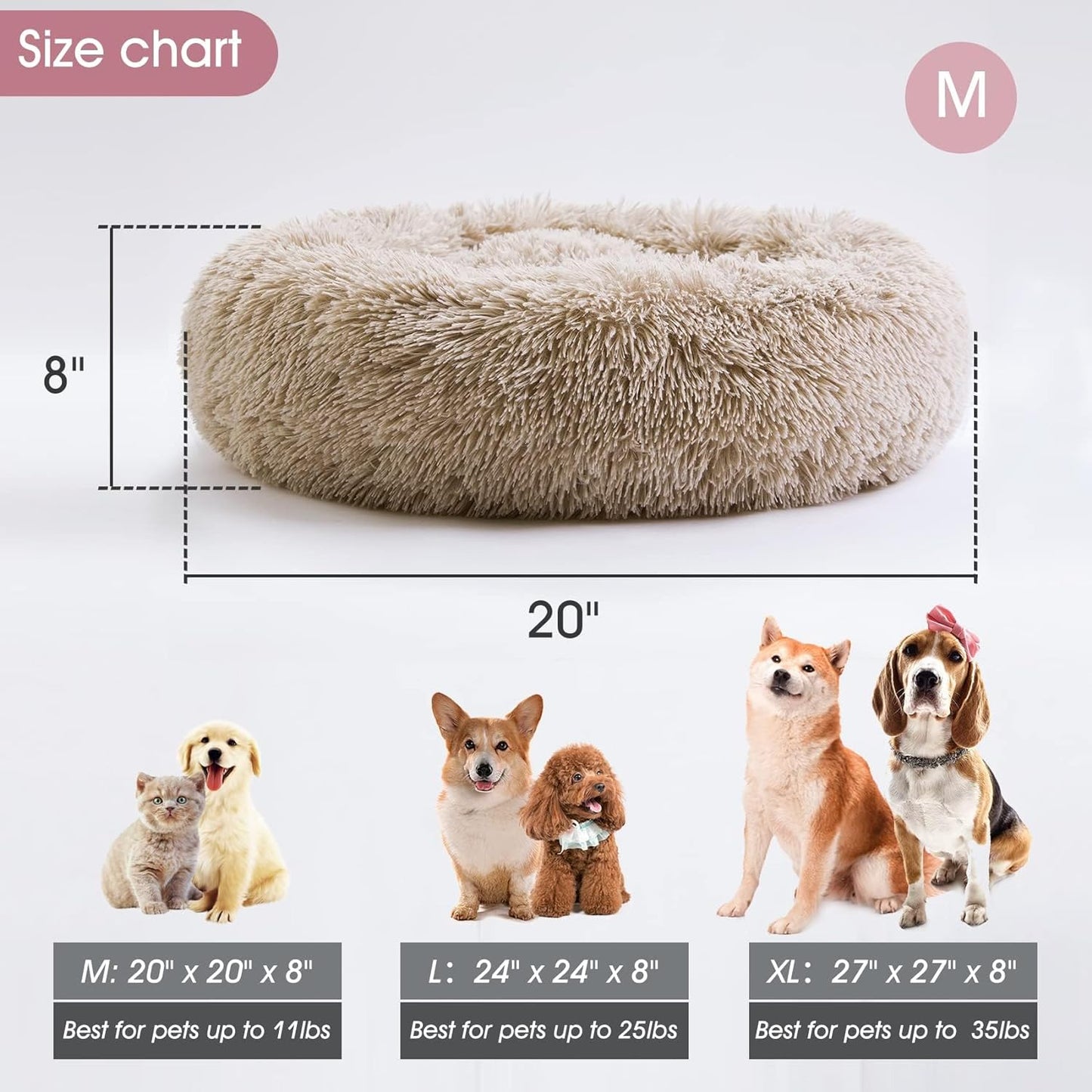 Calming Donut Cuddler Bed for Dogs and Cats - Anti-Anxiety Plush Faux Fur Cushion in Various Sizes (20"/24"/27"/30")