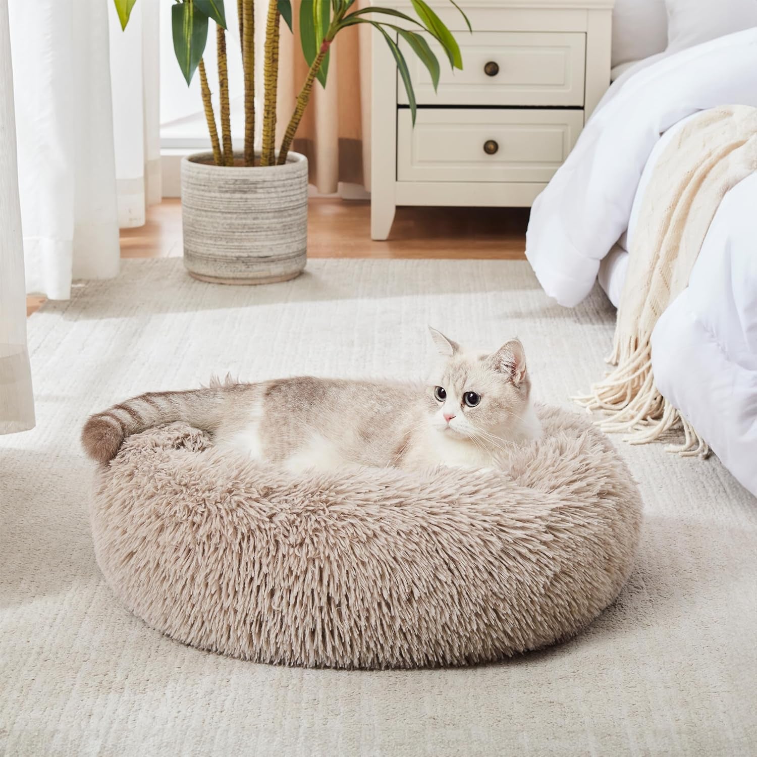 Calming Donut Cuddler Bed for Dogs and Cats - Anti-Anxiety Plush Faux Fur Cushion in Various Sizes (20"/24"/27"/30")