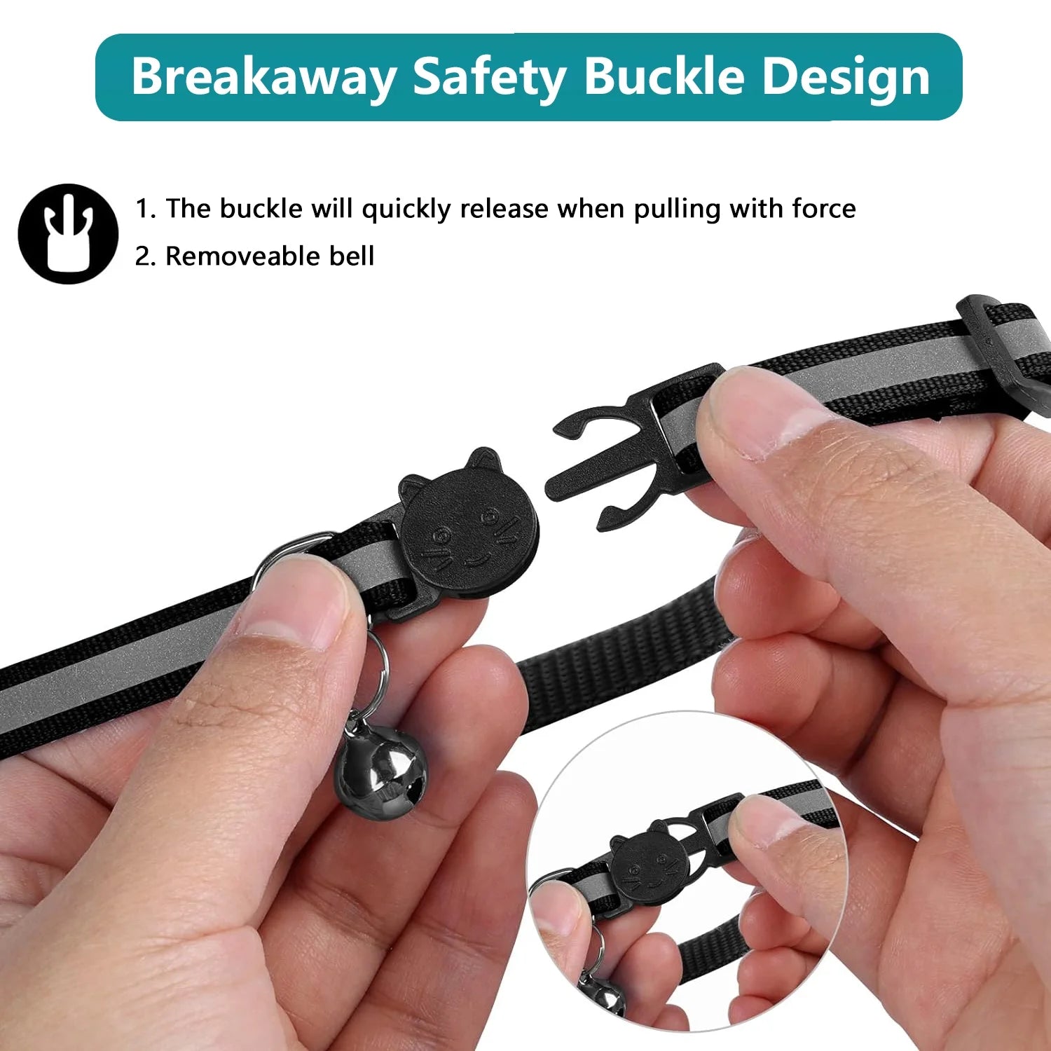 Breakaway Reflective Cat Collar with Airtag Case & Bell - 2 Pack for Cats, Kittens & Small Dogs - Black