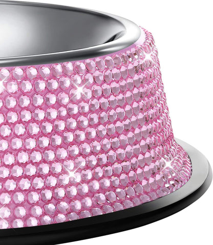 Handcrafted Pink Rhinestone Dog Bowls, 640ML Stainless Steel Double Feeder Set for Pets - Includes 2 Bowls
