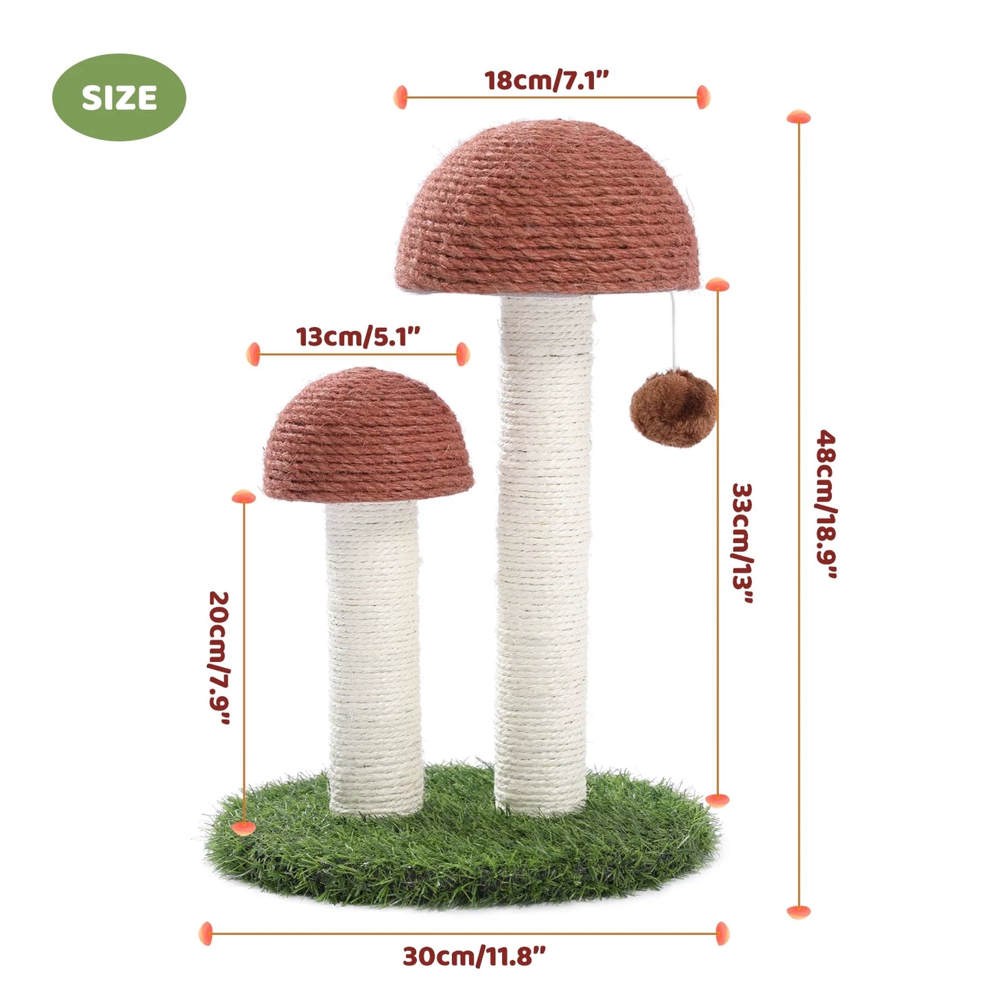 2 Mushroom Cat Scratching Post - 19" Sisal Claw Scratcher for Kittens and Small Cats in Brown