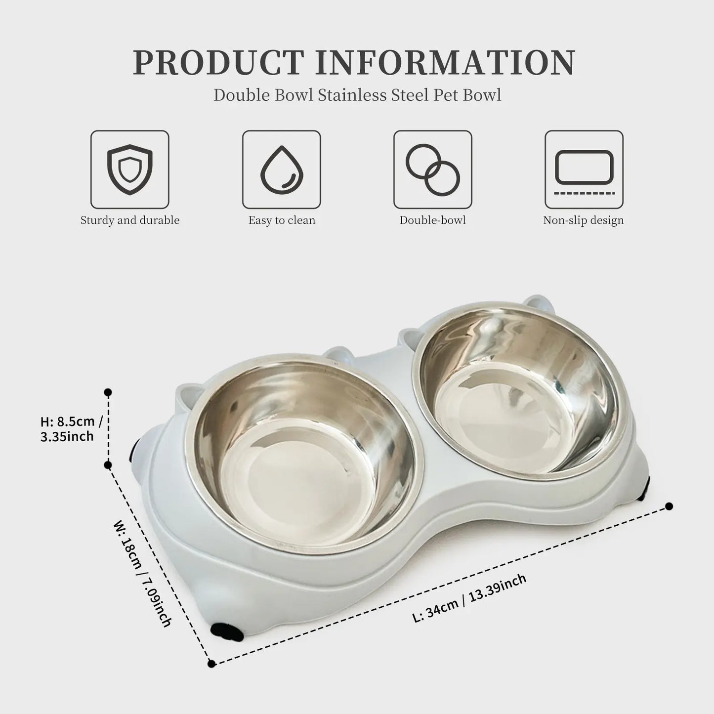 Stainless Steel Double Pet Bowl Set with Non-Slip Base - Versatile Feeding Station for Cats and Small Dogs, Removable Easy-Clean Bowls, Suitable for Indoor and Outdoor Use - Available in White, Gray, Yellow, and Pink
