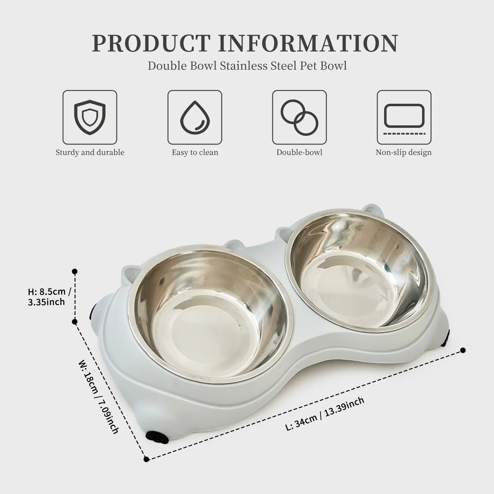 Stainless Steel Double Pet Bowl Set with Non-Slip Base - Versatile Feeding Station for Cats and Small Dogs, Removable Easy-Clean Bowls, Suitable for Indoor and Outdoor Use - Available in White, Gray, Yellow, and Pink
