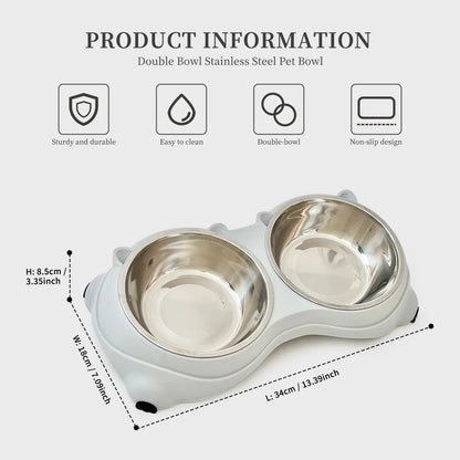 Stainless Steel Double Pet Bowl Set with Non-Slip Base - Versatile Feeding Station for Cats and Small Dogs, Removable Easy-Clean Bowls, Suitable for Indoor and Outdoor Use - Available in White, Gray, Yellow, and Pink