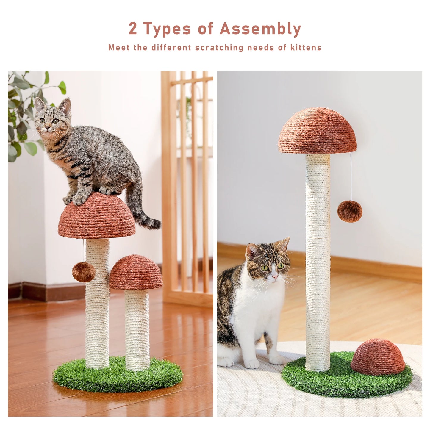 2 Mushroom Cat Scratching Post - 19" Sisal Claw Scratcher for Kittens and Small Cats in Brown