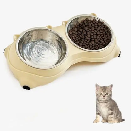 Stainless Steel Double Pet Bowl Set with Non-Slip Base - Versatile Feeding Station for Cats and Small Dogs, Removable Easy-Clean Bowls, Suitable for Indoor and Outdoor Use - Available in White, Gray, Yellow, and Pink