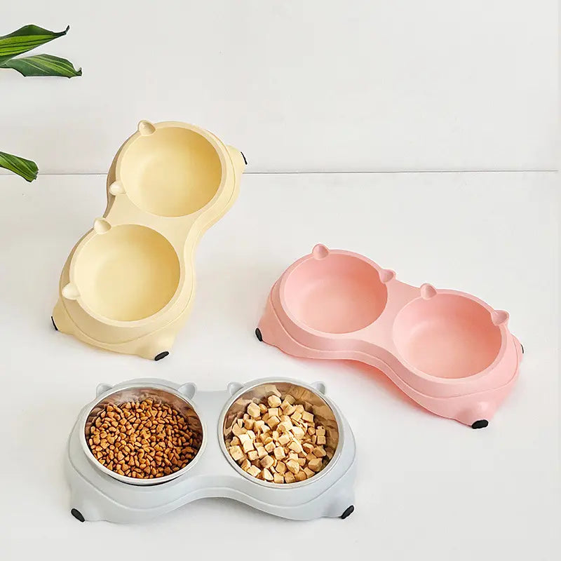 Stainless Steel Double Pet Bowl Set with Non-Slip Base - Versatile Feeding Station for Cats and Small Dogs, Removable Easy-Clean Bowls, Suitable for Indoor and Outdoor Use - Available in White, Gray, Yellow, and Pink