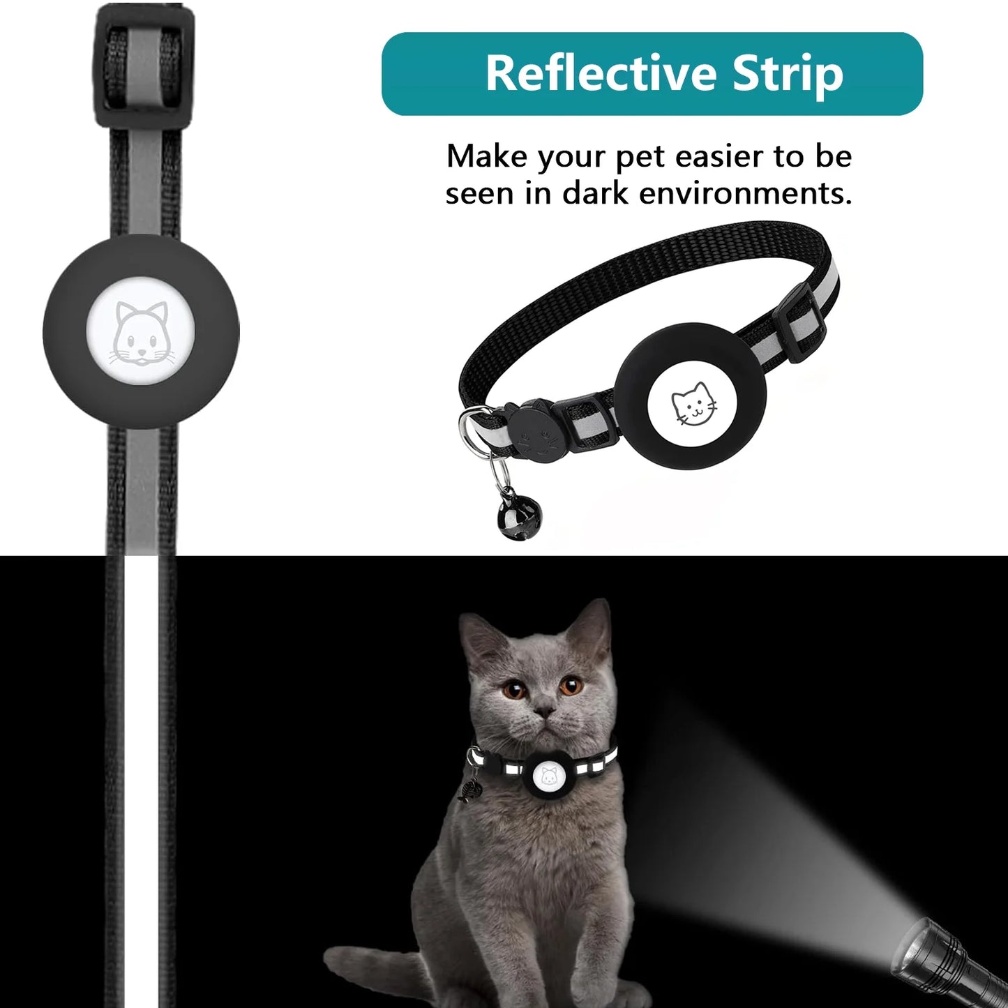 Breakaway Reflective Cat Collar with Airtag Case & Bell - 2 Pack for Cats, Kittens & Small Dogs - Black