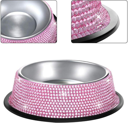 Handcrafted Pink Rhinestone Dog Bowls, 640ML Stainless Steel Double Feeder Set for Pets - Includes 2 Bowls