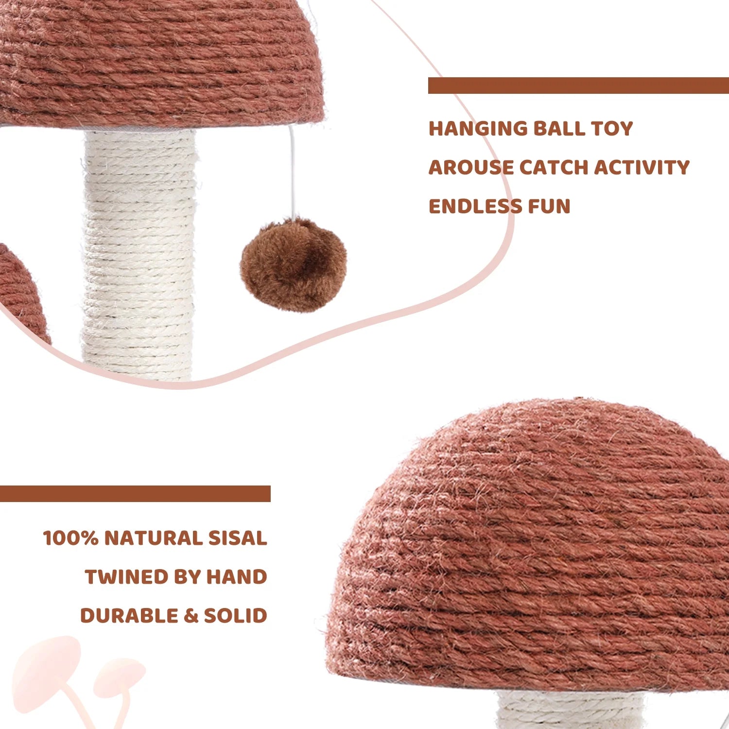 2 Mushroom Cat Scratching Post - 19" Sisal Claw Scratcher for Kittens and Small Cats in Brown