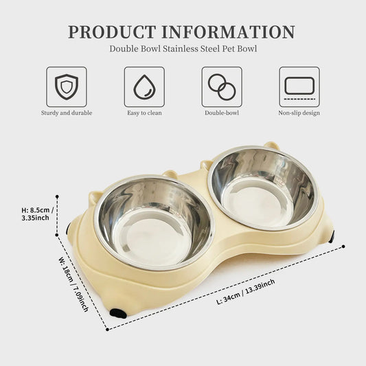 Stainless Steel Double Pet Bowl Set with Non-Slip Base - Versatile Feeding Station for Cats and Small Dogs, Removable Easy-Clean Bowls, Suitable for Indoor and Outdoor Use - Available in White, Gray, Yellow, and Pink