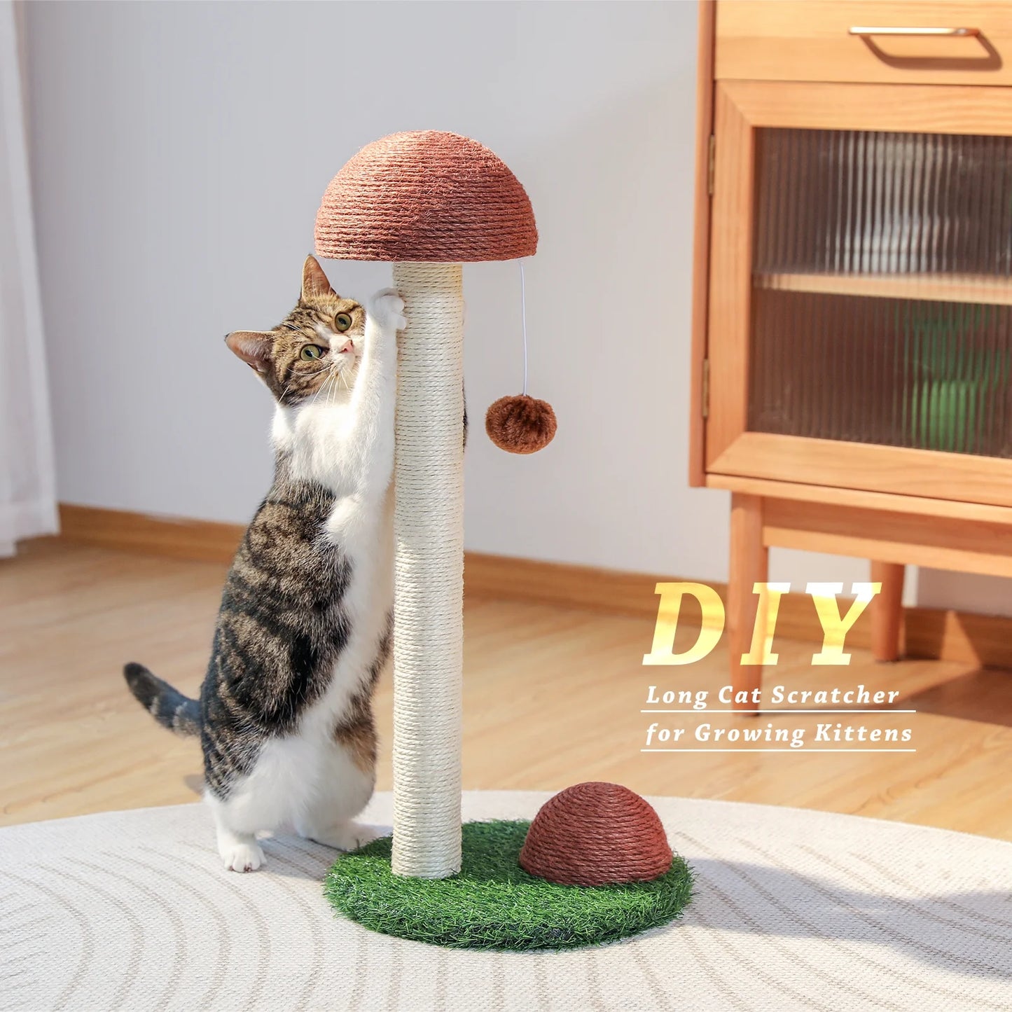2 Mushroom Cat Scratching Post - 19" Sisal Claw Scratcher for Kittens and Small Cats in Brown