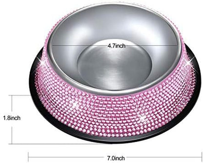 Handcrafted Pink Rhinestone Dog Bowls, 640ML Stainless Steel Double Feeder Set for Pets - Includes 2 Bowls