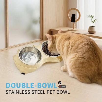 Stainless Steel Double Pet Bowl Set with Non-Slip Base - Versatile Feeding Station for Cats and Small Dogs, Removable Easy-Clean Bowls, Suitable for Indoor and Outdoor Use - Available in White, Gray, Yellow, and Pink