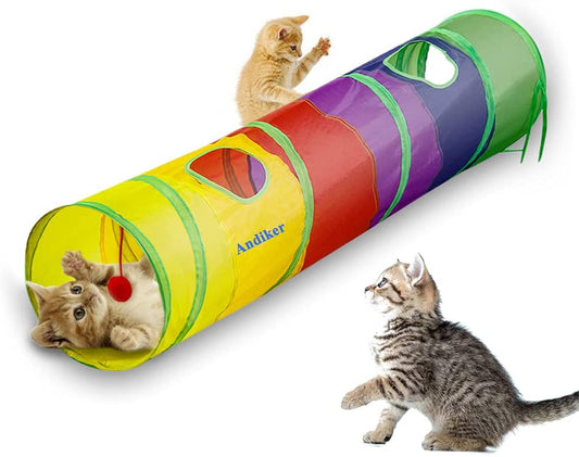 Indoor Cat Tunnel - 45" Collapsible Rainbow Tube with Play Ball and Dual Openings for Kittens, Ideal for Exercise, Hiding, and Training (Colorful)