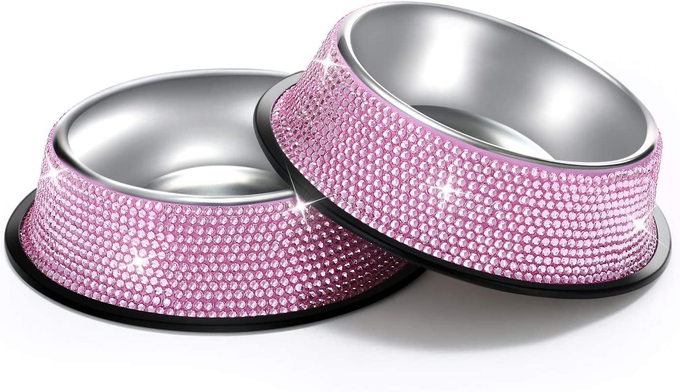 Handcrafted Pink Rhinestone Dog Bowls, 640ML Stainless Steel Double Feeder Set for Pets - Includes 2 Bowls