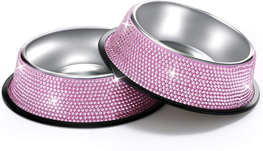 Handcrafted Pink Rhinestone Dog Bowls, 640ML Stainless Steel Double Feeder Set for Pets - Includes 2 Bowls