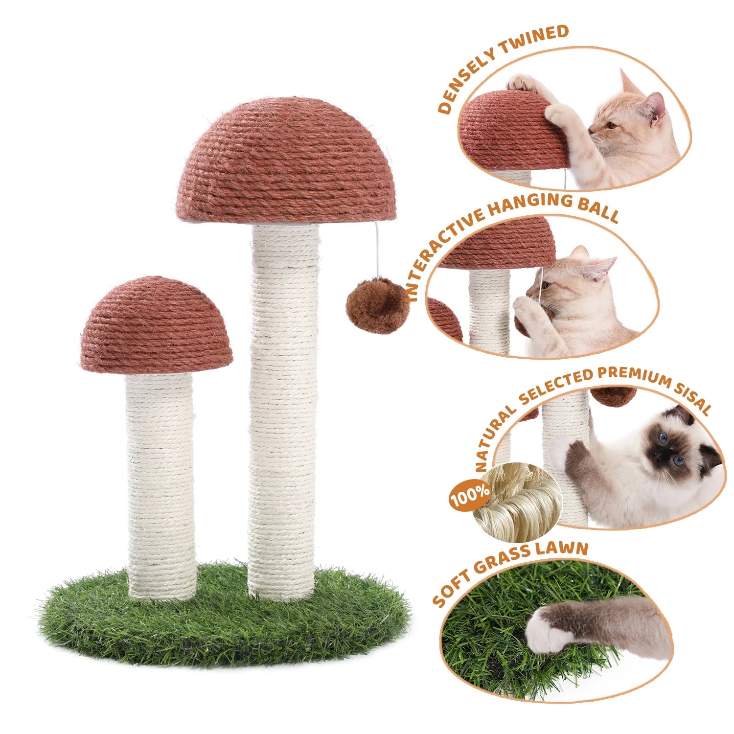 2 Mushroom Cat Scratching Post - 19" Sisal Claw Scratcher for Kittens and Small Cats in Brown
