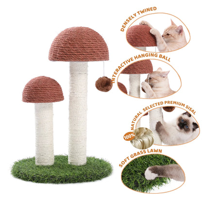 2 Mushroom Cat Scratching Post - 19" Sisal Claw Scratcher for Kittens and Small Cats in Brown