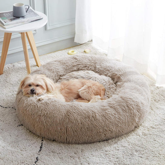 Calming Donut Cuddler Bed for Dogs and Cats - Anti-Anxiety Plush Faux Fur Cushion in Various Sizes (20"/24"/27"/30")
