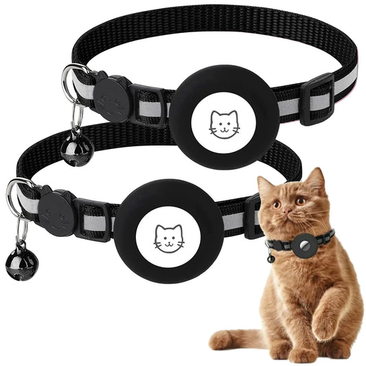 Breakaway Reflective Cat Collar with Airtag Case & Bell - 2 Pack for Cats, Kittens & Small Dogs - Black