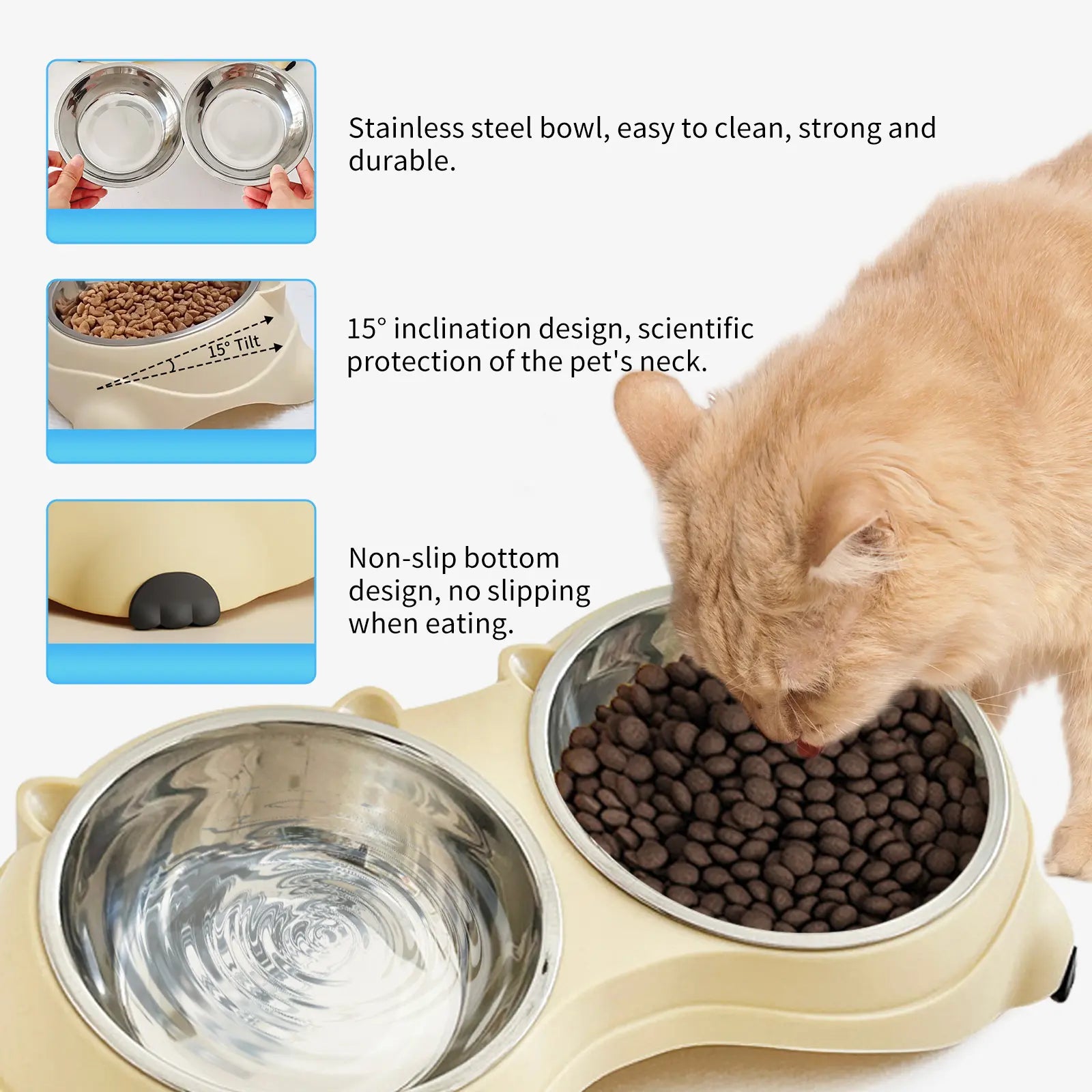 Stainless Steel Double Pet Bowl Set with Non-Slip Base - Versatile Feeding Station for Cats and Small Dogs, Removable Easy-Clean Bowls, Suitable for Indoor and Outdoor Use - Available in White, Gray, Yellow, and Pink