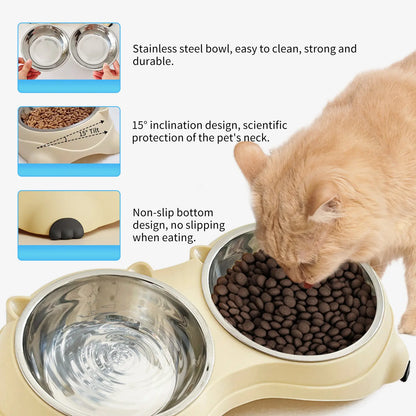 Stainless Steel Double Pet Bowl Set with Non-Slip Base - Versatile Feeding Station for Cats and Small Dogs, Removable Easy-Clean Bowls, Suitable for Indoor and Outdoor Use - Available in White, Gray, Yellow, and Pink