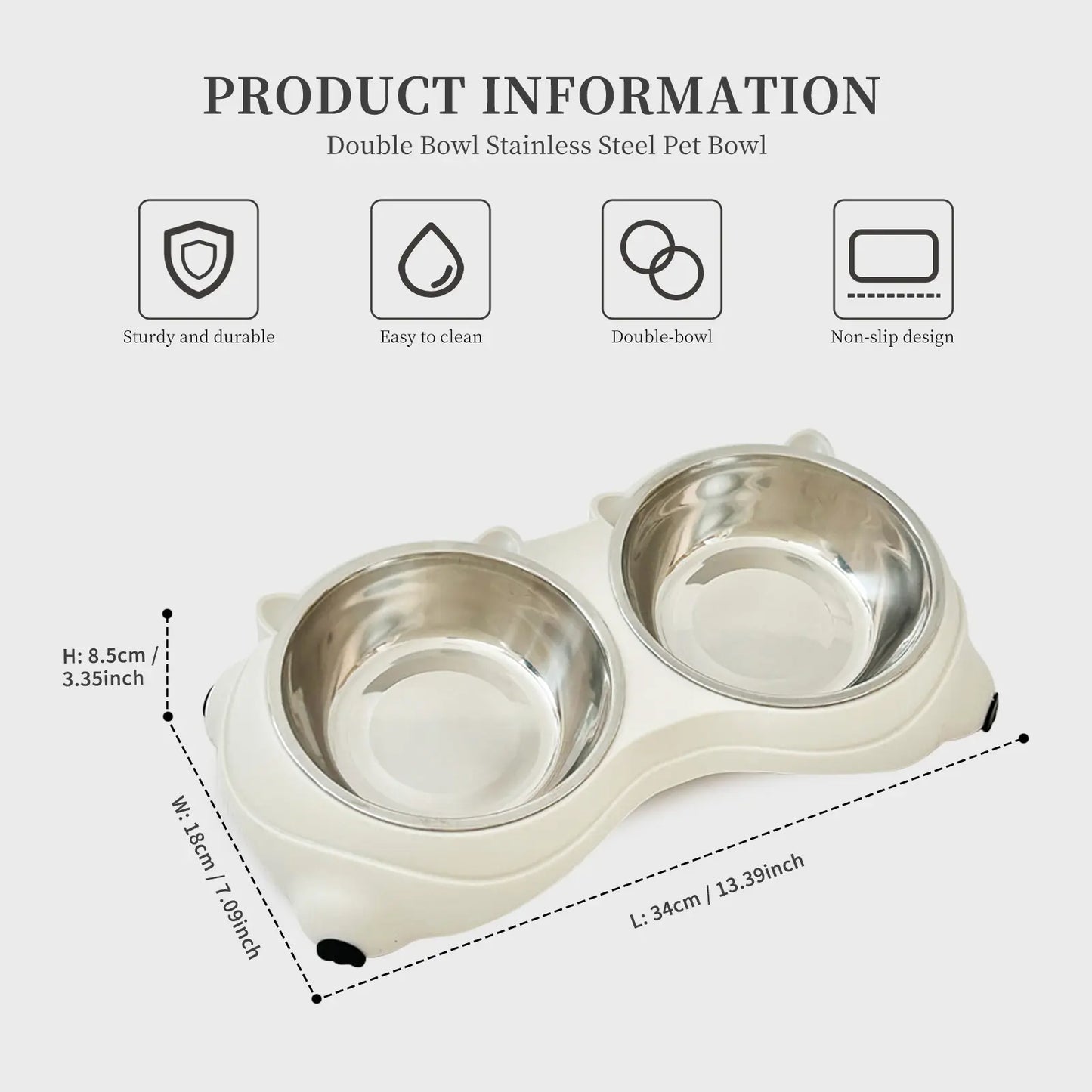 Stainless Steel Double Pet Bowl Set with Non-Slip Base - Versatile Feeding Station for Cats and Small Dogs, Removable Easy-Clean Bowls, Suitable for Indoor and Outdoor Use - Available in White, Gray, Yellow, and Pink