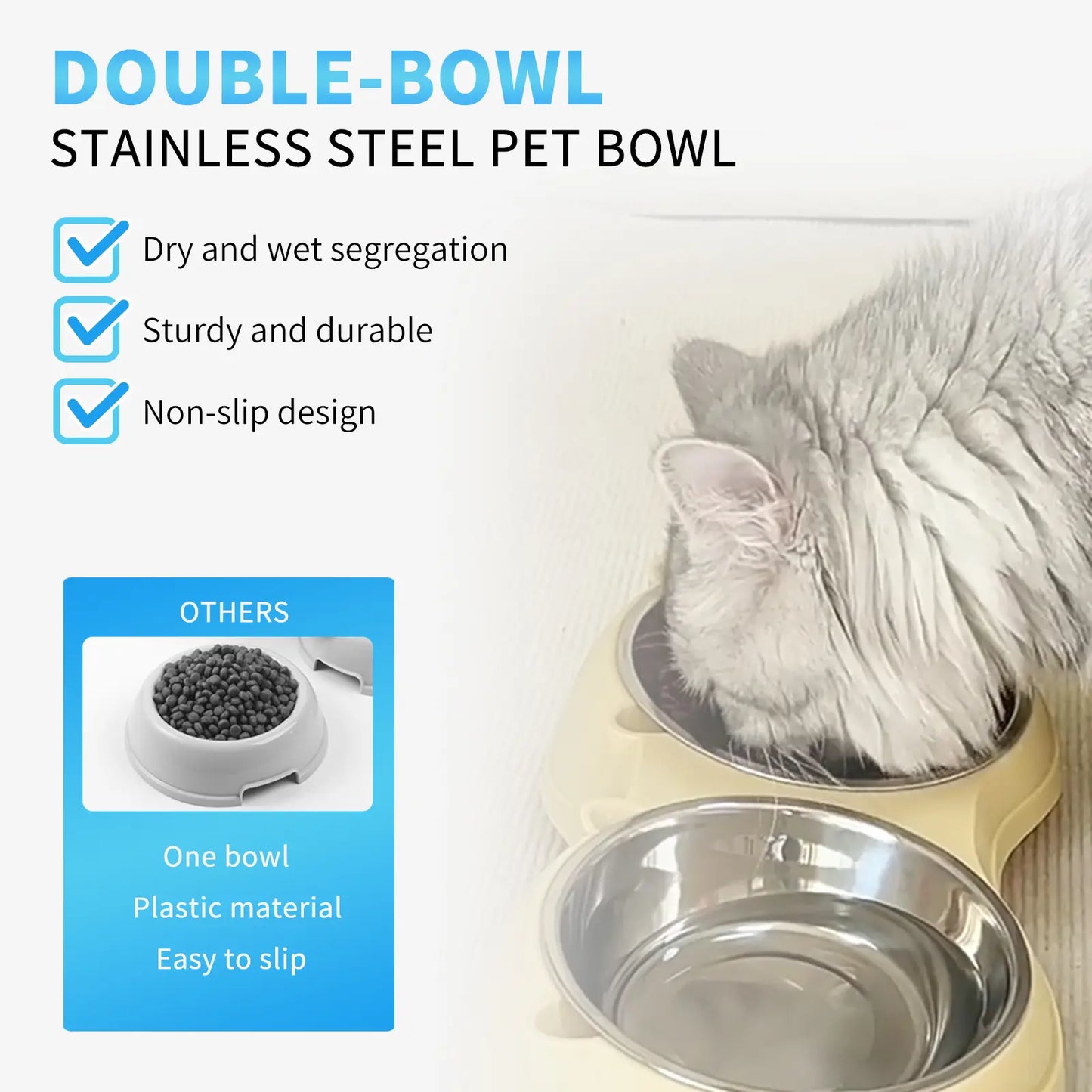 Stainless Steel Double Pet Bowl Set with Non-Slip Base - Versatile Feeding Station for Cats and Small Dogs, Removable Easy-Clean Bowls, Suitable for Indoor and Outdoor Use - Available in White, Gray, Yellow, and Pink