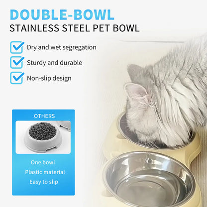 Stainless Steel Double Pet Bowl Set with Non-Slip Base - Versatile Feeding Station for Cats and Small Dogs, Removable Easy-Clean Bowls, Suitable for Indoor and Outdoor Use - Available in White, Gray, Yellow, and Pink